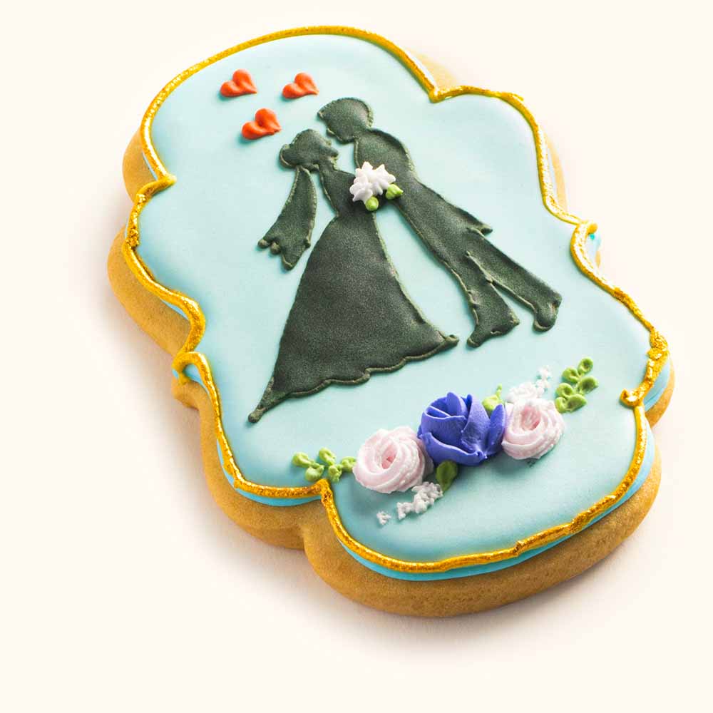 Bride and Groom Floral Wedding Cookies Blue