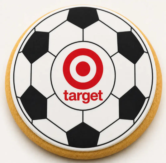Custom soccer-themed logo cookie with personalized edible branding for events and promotions