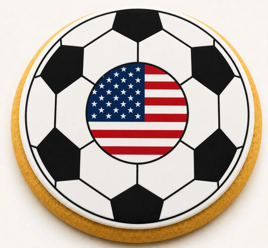 USA Flag Soccer Ball Cookie | Custom World Cup Decorated Sugar Cookie CustomCookies.com