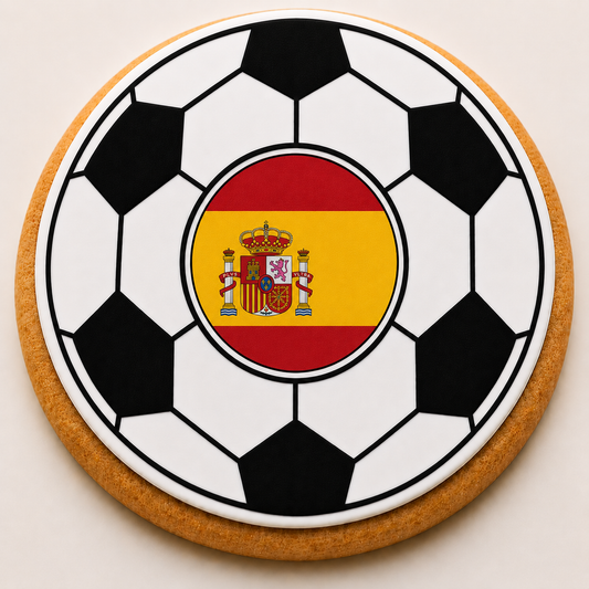 Spain Flag Soccer Ball Cookie | Custom World Cup Decorated Sugar Cookie CustomCookies.com