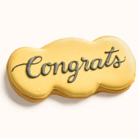 Yellow Customizable congrats message plaque cookie with elegant hand-scripted icing in personalized colors