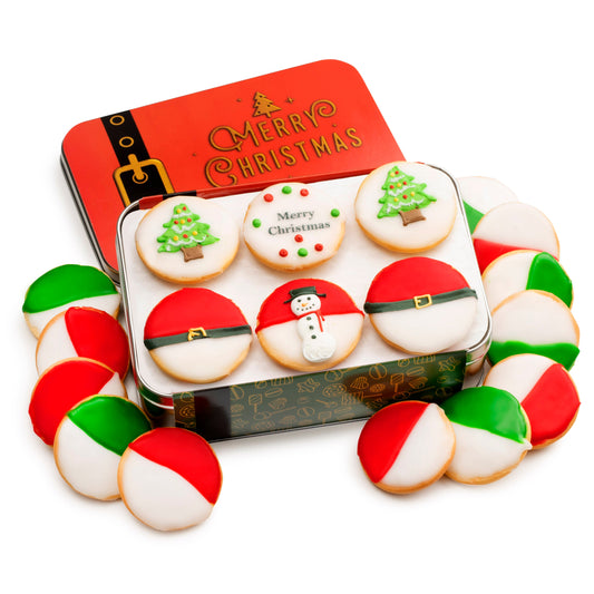 Decorated Christmas Black And White Cookies In Tin CustomCookies.com