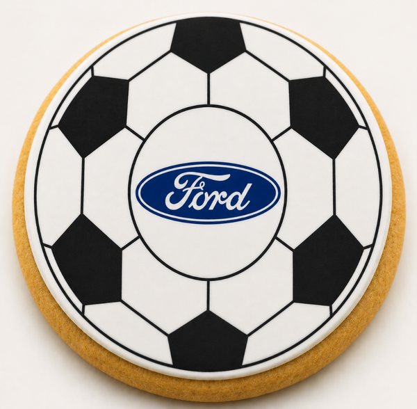 Custom soccer-themed logo cookie with personalized edible branding for events and promotions