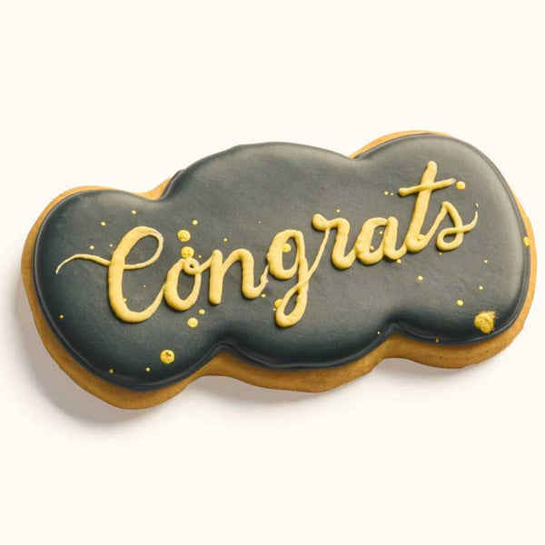 Green Customizable congrats message plaque cookie with elegant hand-scripted icing in personalized colors