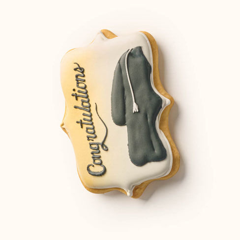 Customizable graduation gown cookie with hand-piped congratulations message, available in any school team colors Black