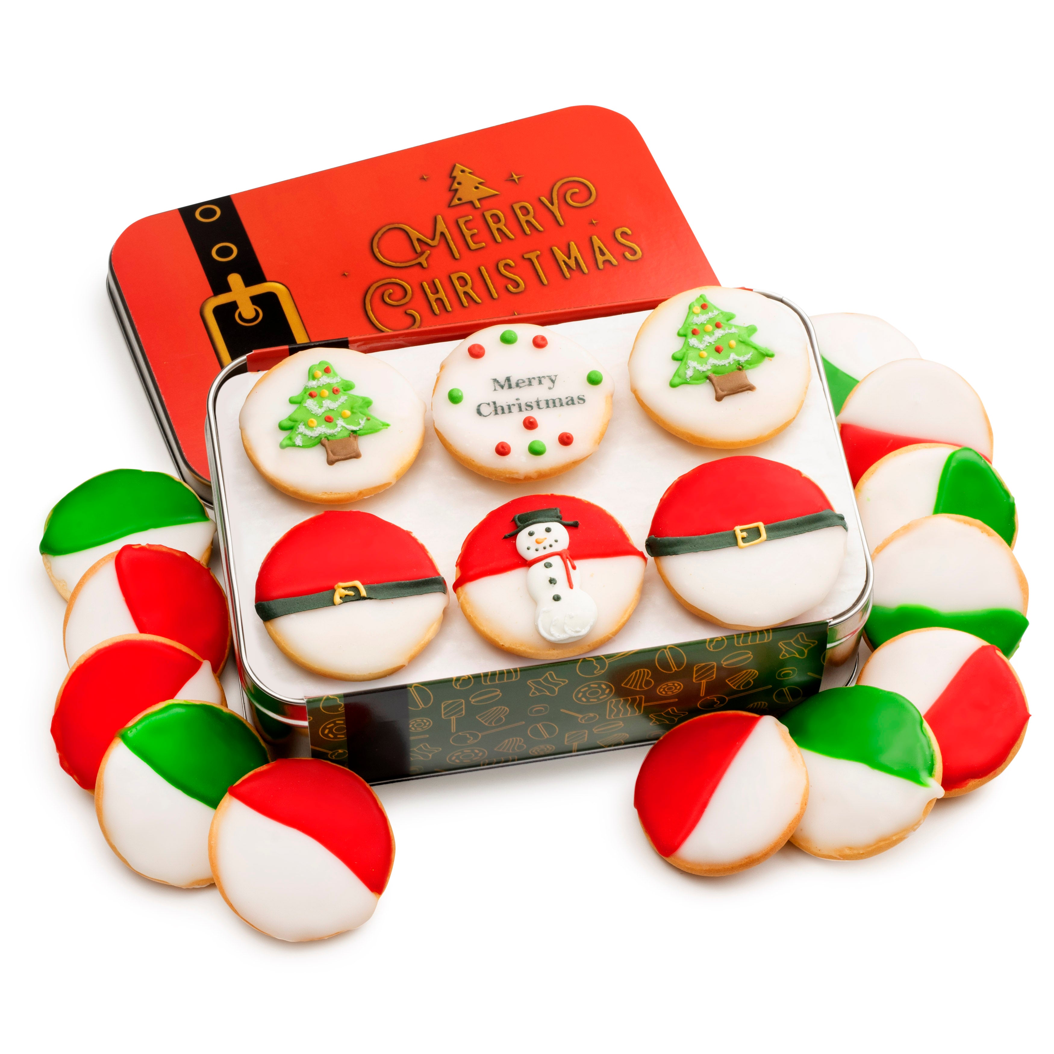 Decorated Christmas Black And White Cookies In Tin
