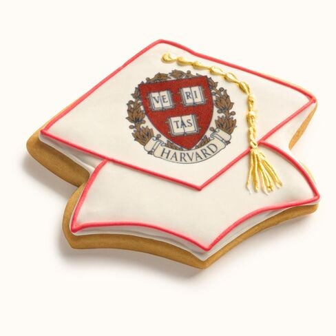 Customizable graduation cap cookie featuring printed school logo and hand-piped tassel in team colors Red