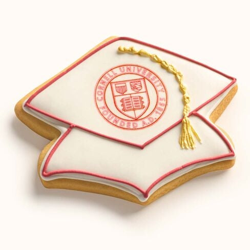 Customizable graduation cap cookie featuring printed school logo and hand-piped tassel in team colors.