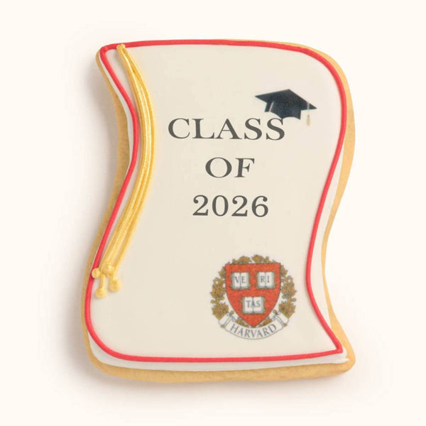 Customizable university diploma cookie with hand-piped graduation cap and custom school logo for graduation gifts