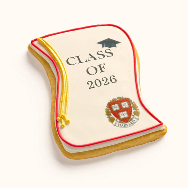 Customizable university diploma cookie with hand-piped graduation cap and custom school logo for graduation gifts