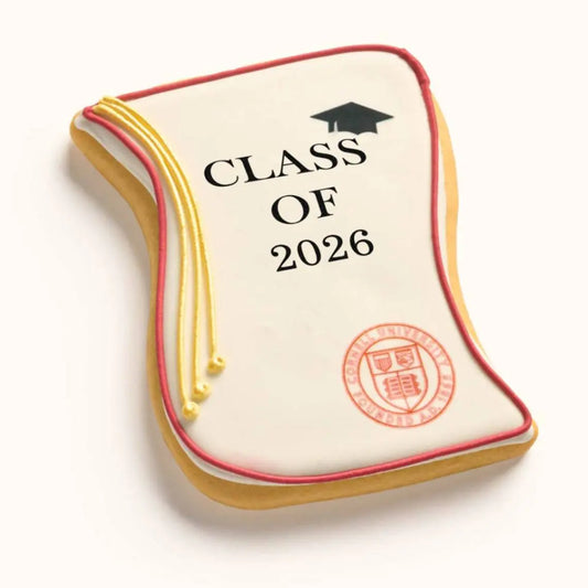 Customizable university diploma cookie with hand-piped graduation cap and custom school logo for graduation gifts