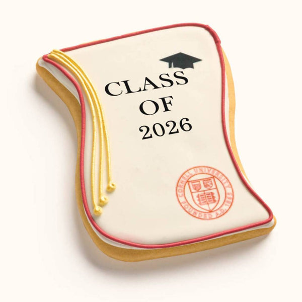 Customizable university diploma cookie with hand-piped graduation cap and custom school logo for graduation gifts