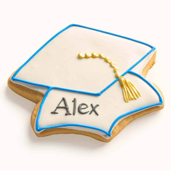 Personalized name graduation cap cookie with hand-piped metallic tassel, customizable school colors, and individual icing-Blue