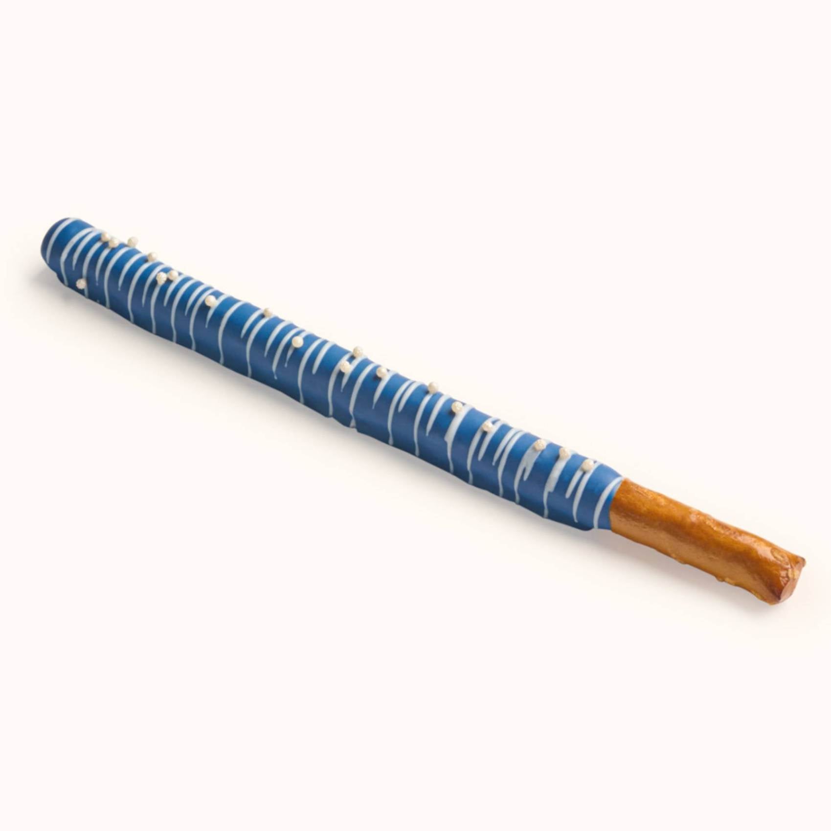 Customizable gourmet chocolate dipped pretzel rod with school color drizzle and decorative sprinkles for party favors.
