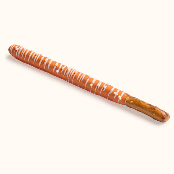 Customizable gourmet chocolate dipped pretzel rod with school color drizzle and decorative sprinkles for party favors.