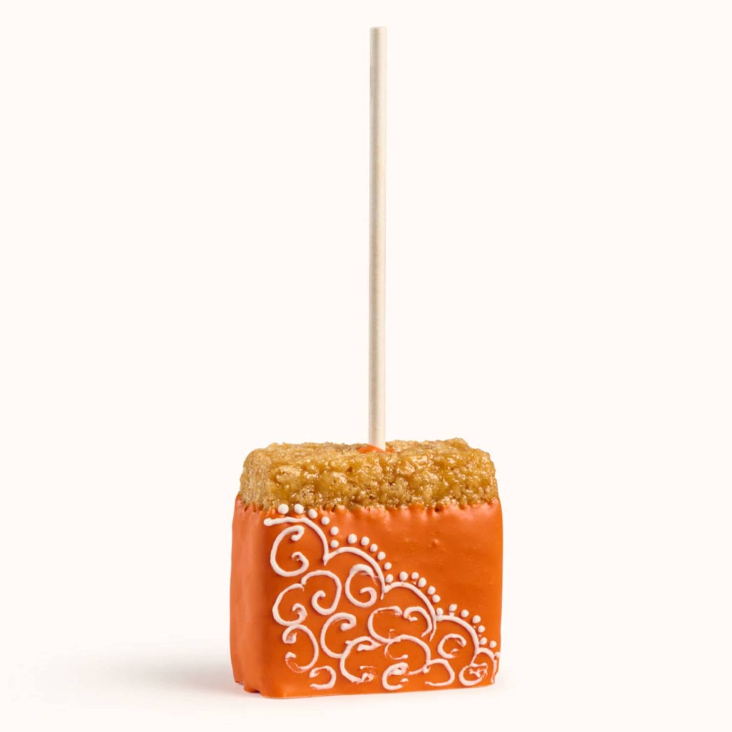 Customizable gourmet rice crispy treats with school color drizzle and decorative sprinkles for party favors