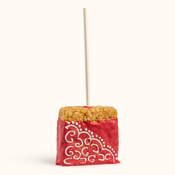 Customizable gourmet rice crispy treats with school color drizzle and decorative sprinkles for party favors