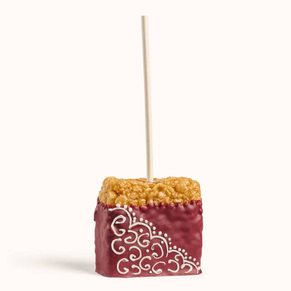 Customizable gourmet rice crispy treats with school color drizzle and decorative sprinkles for party favors
